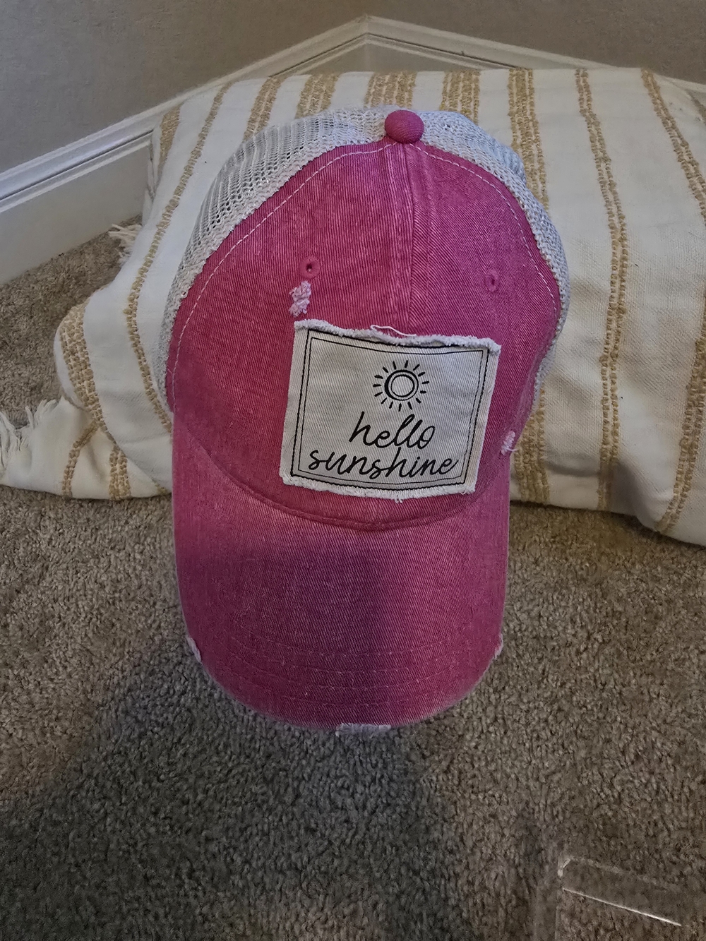 Karma Pink and White Mesh 'Hello Sunshine' Distressed Baseball Cap